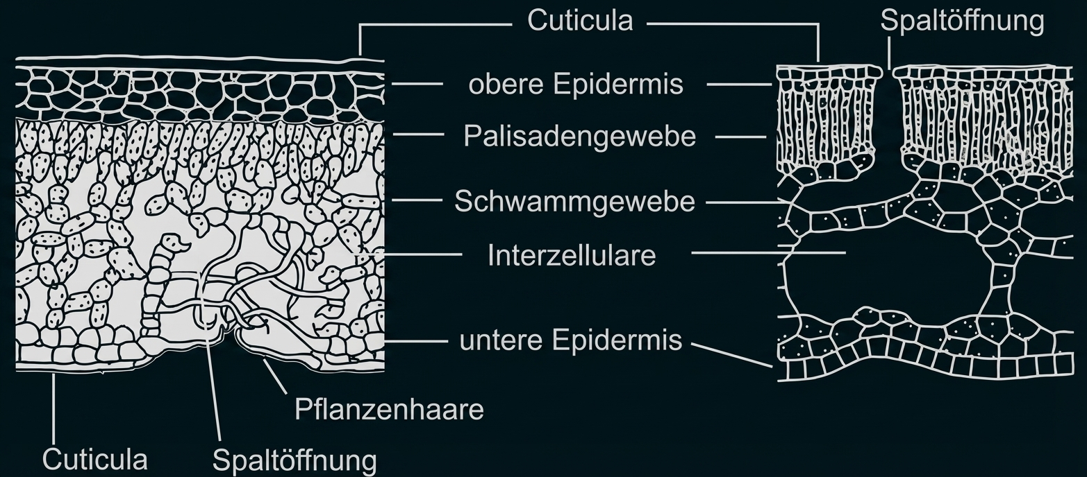 Blattquerschnitt: Cuticula, obere/untere Epidermis, Palisaden- und Schwammgewebe, Interzellularräume, Spaltöffnung, Pflanzenhaare.